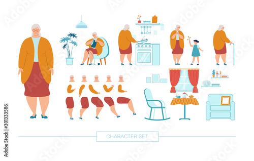 Senior Woman Character Constructor Flat Vector Set