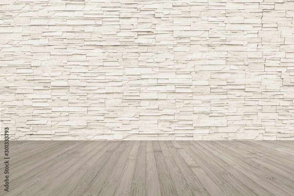 Limestone rock tile wall backdrop in light white color with wooden floor in light sepia colour