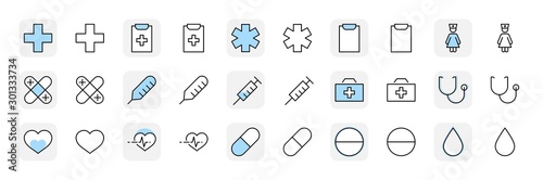 Set of Medicine vector line icons. It contains the first aid kit, nurse, syringe, thermometer, plastic, pills, heart, drop of blood, palpitation and much more. Editable Stroke. 32x32 pixels.