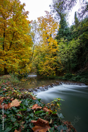 river with waterfall in the autumn season
