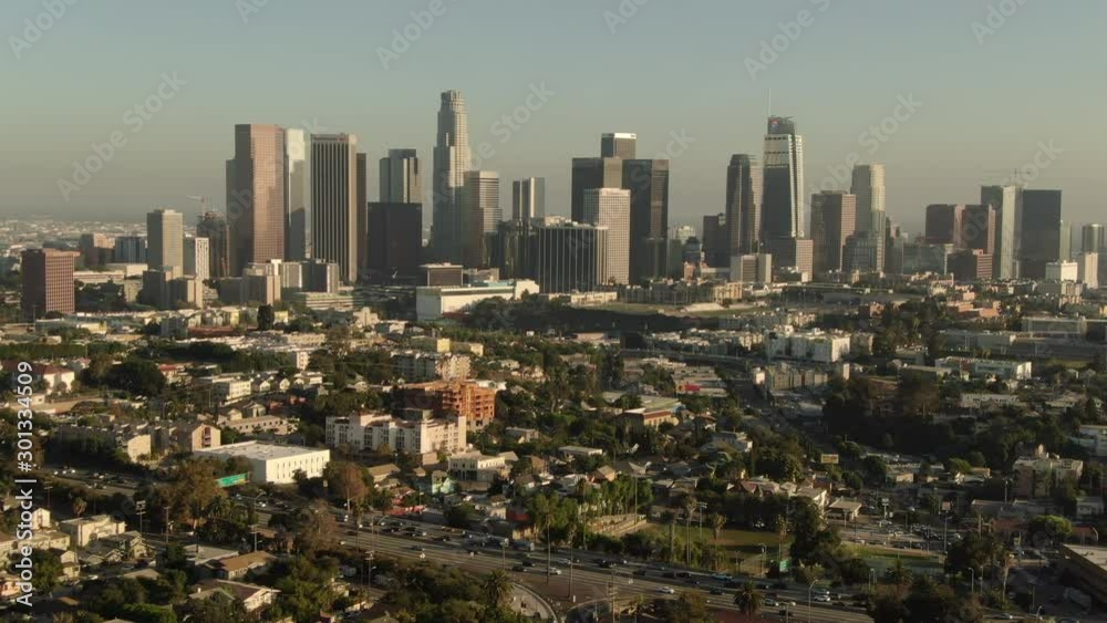 Los Angeles Downtown Sunset Cityscape From Echo Park Aerial Shot Rotate Left Los Angeles Downtown Sunset Cityscape From Echo Park Aerial Shot Rotate Left