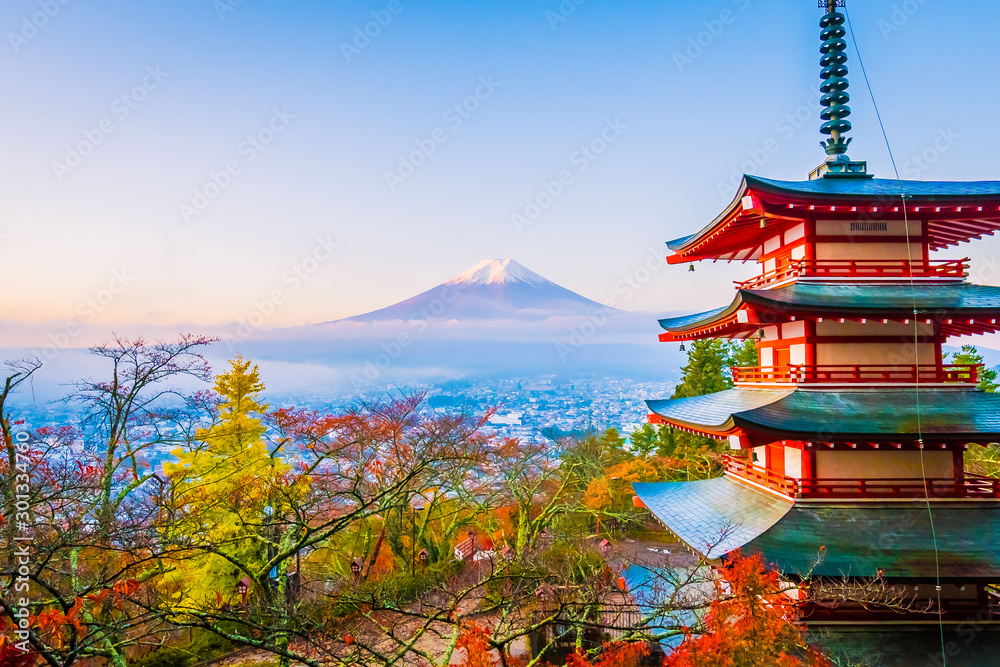 Beautiful landscape of mountain fuji with chureito pagoda around maple leaf tree in autumn season