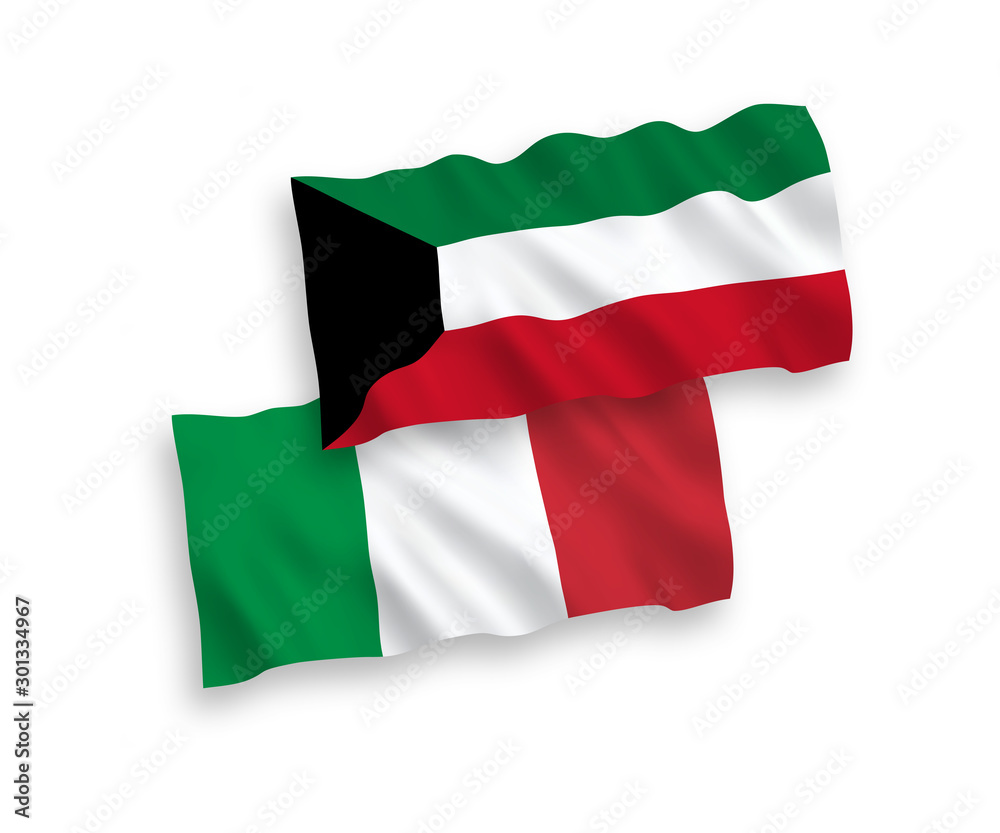 National vector fabric wave flags of Italy and Kuwait isolated on white background. 1 to 2 proportion.