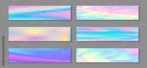 Holography cute flyer horizontal fluid gradient princess backgrounds vector set. Opalescence 