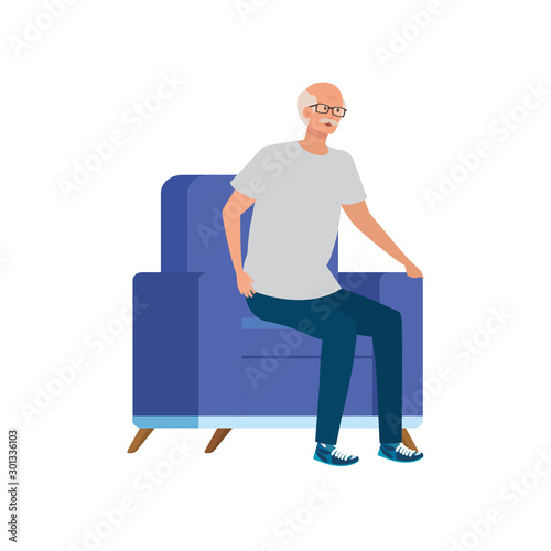 old man sitting in sofa avatar character vector illustration design