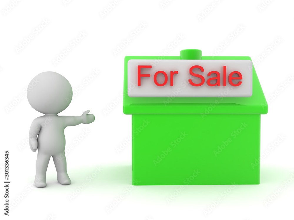 3D Character showing house for sale icon 3D Character showing house for sale icon