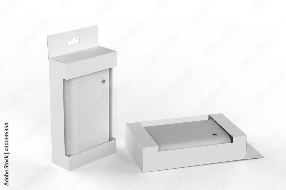 Portable external rechargeable mobile device battery charger. USB power bank with box for smartphones and tablet computers charging isolated on white background. 3D illustration Portable external rechargeable mobile device battery charger. USB power bank with box for smartphones and tablet computers charging isolated on white background. 3D illustration