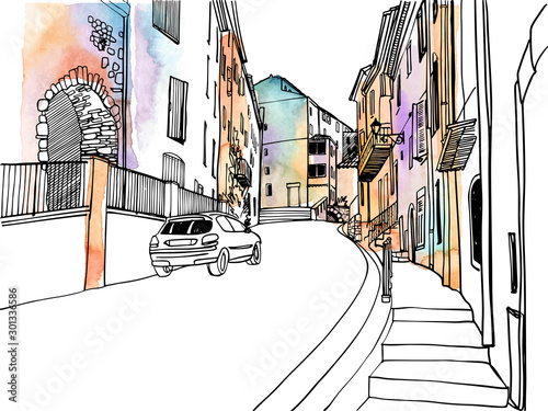 Old street in romantic Provence, France. Urban background in hand drawn sketch style. Ink line drawing. Vector illustration on background watercolor.