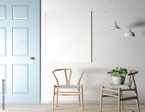 Mock Up Poster Frame Interior with gray Modern background and blue stylish wooden door and two chairs in Scandinavian Style  Living Room  3D Render  3D Illustration