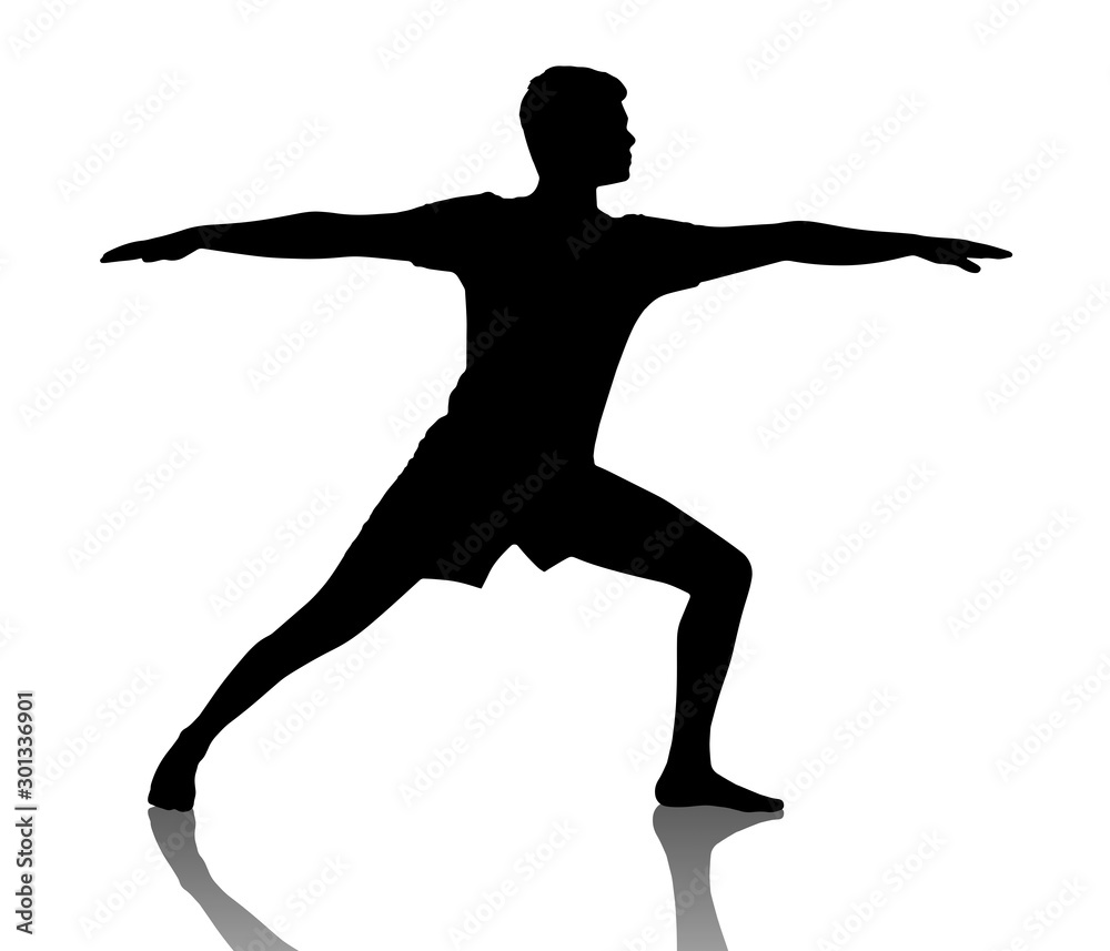 Black silhouette of young man in yoga position.