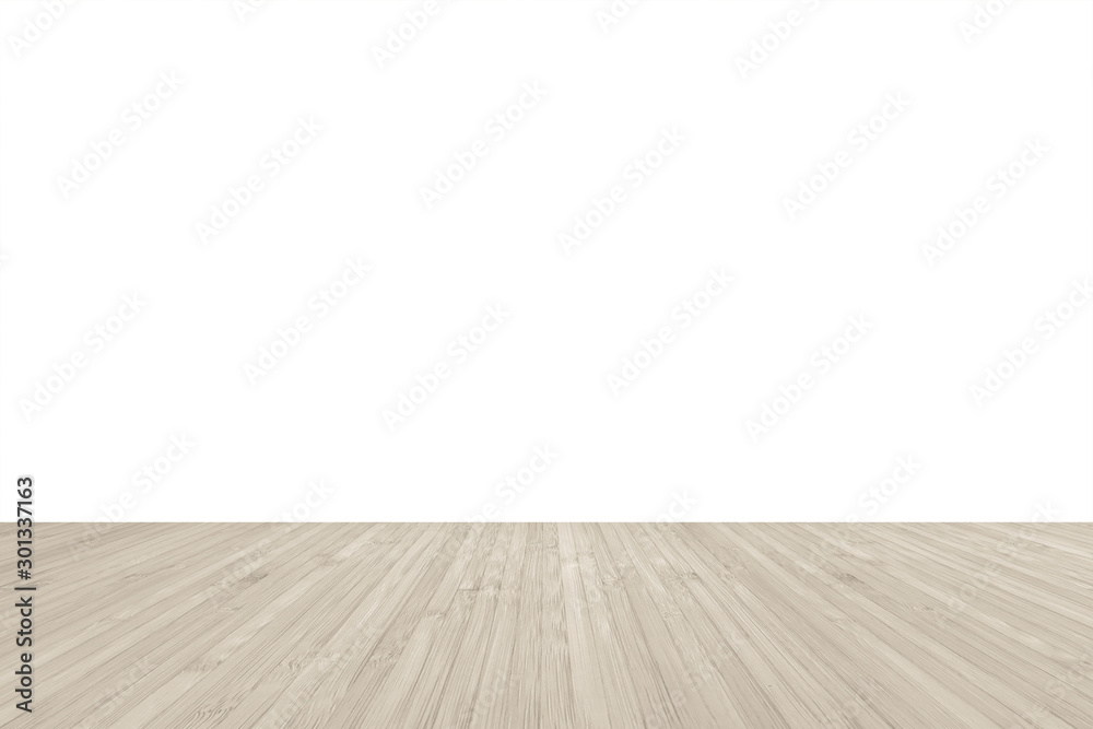 Fototapeta premium Wood floor in sepia brown texture with white wall room background