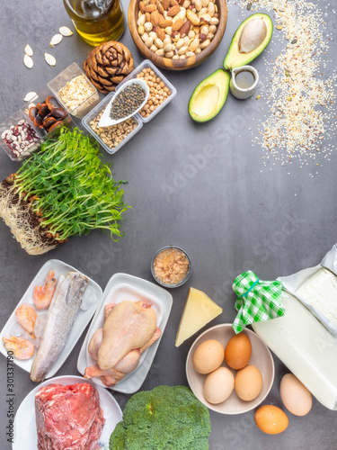 High protein food - meat, fish, poultry, nuts, dairy products, eggs, micro greens, beans, avocado, oil, oat, seeds Products goof for healthy hair.