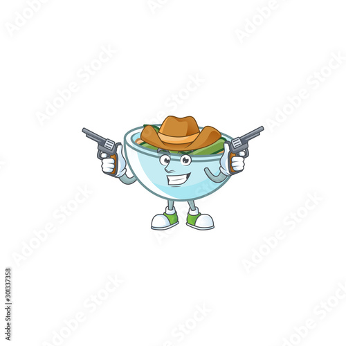 Green beans casserole in bowl cowboy mascot.