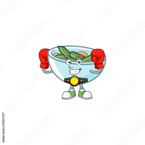 Green beans casserole in bowl boxing mascot.