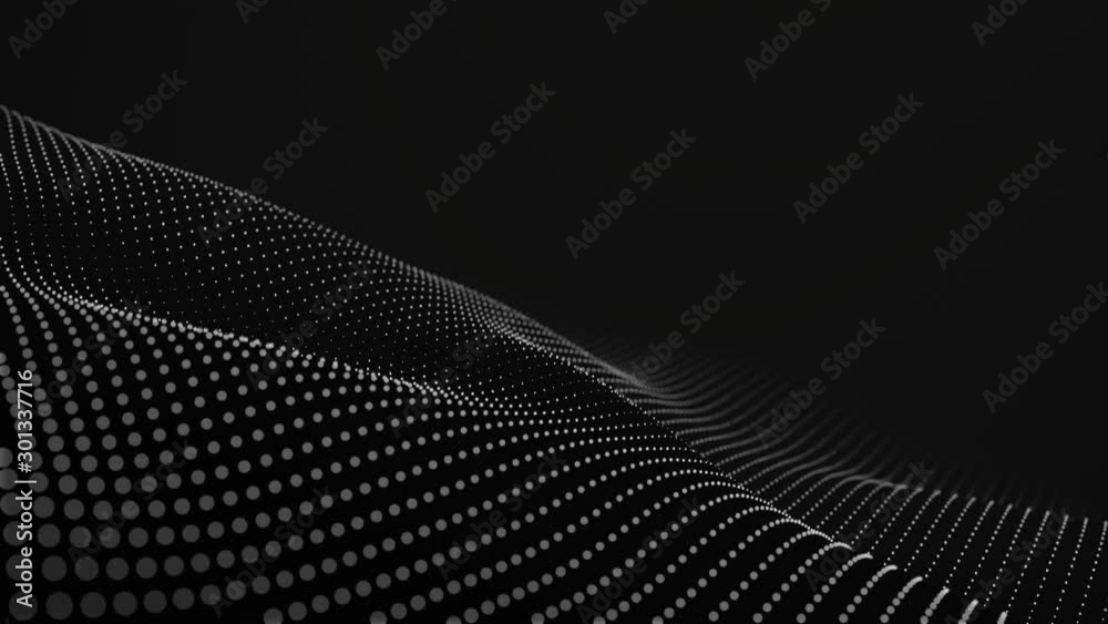 Futuristic grid wave of white halftone digital dots data smooth seamless animation on dark with dim light background. Flow particles landscape. For cyber technology, sound visualization, big data Futuristic grid wave of white halftone digital dots data smooth seamless animation on dark with dim light background. Flow particles landscape. For cyber technology, sound visualization, big data