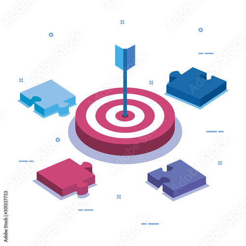 puzzle pieces with target and arrow vector illustration design