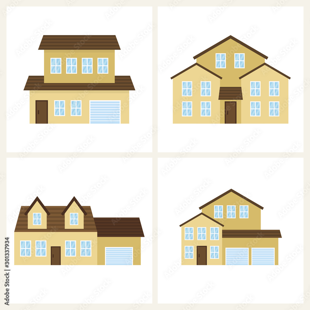 Town icon set of cute colorful houses.