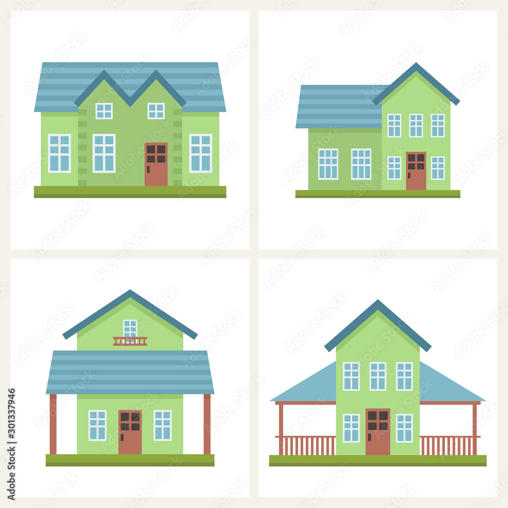 Town icon set of cute colorful houses.