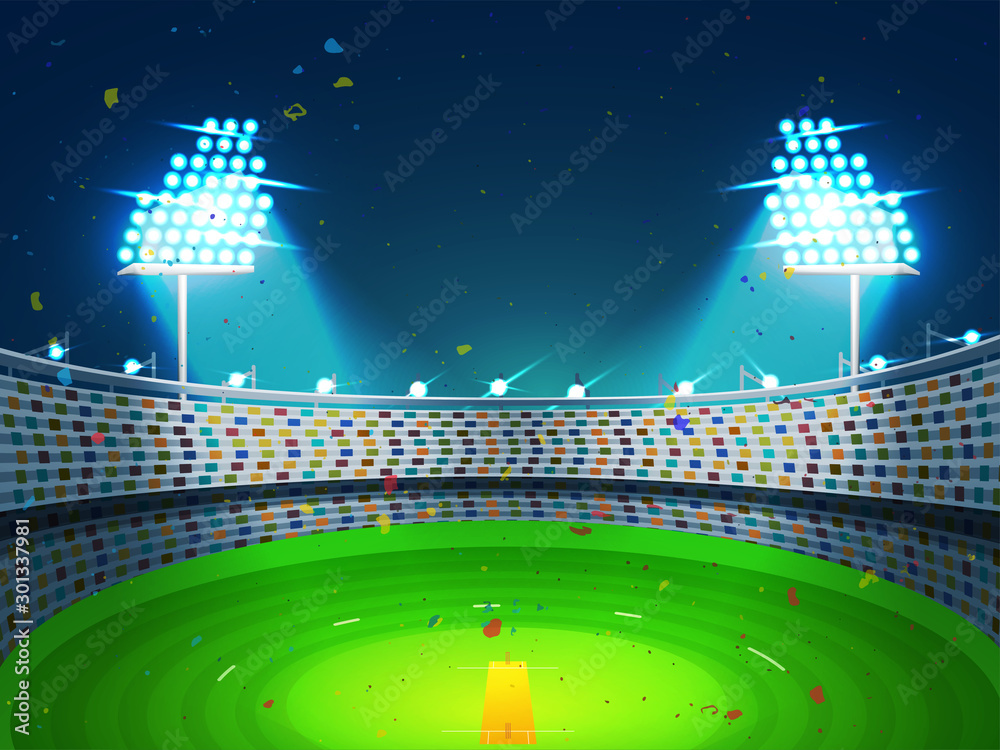 Night view of Cricket Stadium in spotlights for Sports. Stock Vector