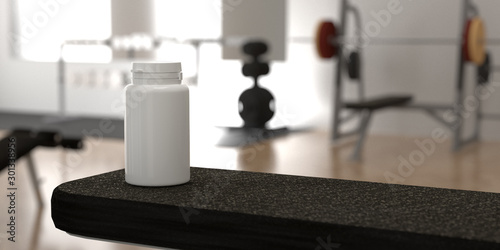 Blank dietary supplements bottle mockup. Dietary product container template on gym interior.