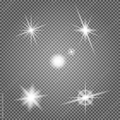Star flare vector set. Lens light effect. Special flash lightning ray isolated on transparent background. Camera headlamp highlight twinkle. Abstract circle sparkle. Magical glowing collection