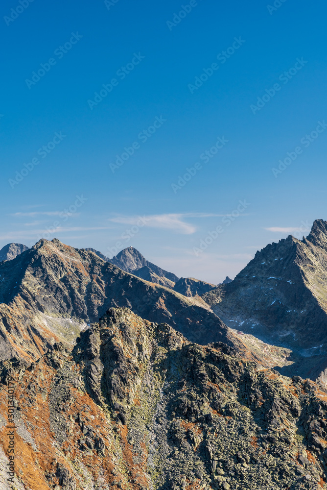 Strbsky stit, Ladovy stit, Rysy, Lomnicky stit and Tazky stit mountain peaks in Vysoke Tatry mountains in Slovakia