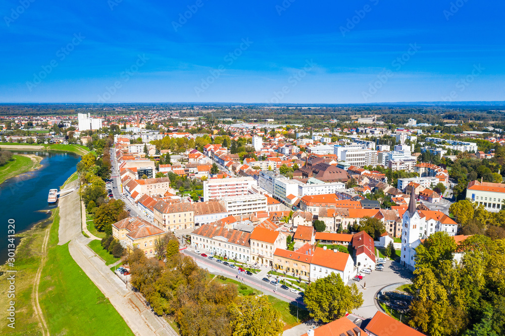 Croatia, town of Sisak, aerial view from drone of the old town center and Kupa river