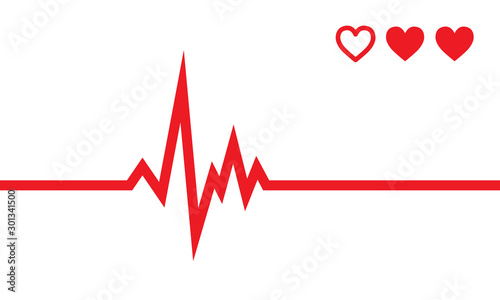 Heartbeat line with game lives hearts. Pulse trace. EKG and Cardio symbol. Healthy and Medical concept.