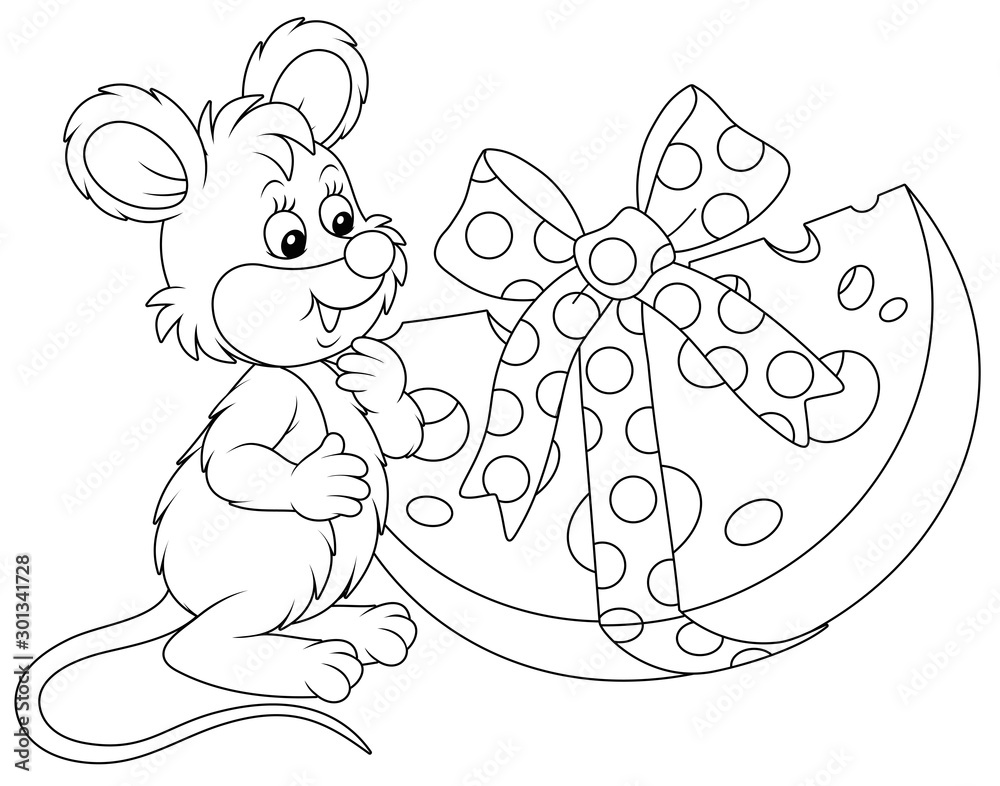 Joyful and friendly smiling little mouse with a big and tasty holiday gift cheese, black and white vector cartoon illustration for a coloring book Joyful and friendly smiling little mouse with a big and tasty holiday gift cheese, black and white vector cartoon illustration for a coloring book