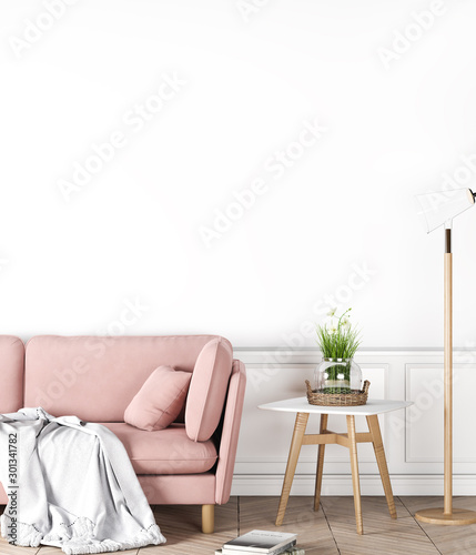Cozy Interior Mock up on empty white wall, Pink Sofa In Living Room, Scandinavian Style, 3D Render, 3D Illustration