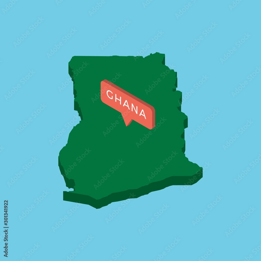 green isometric map of african country GHANA with pointer on blue ...