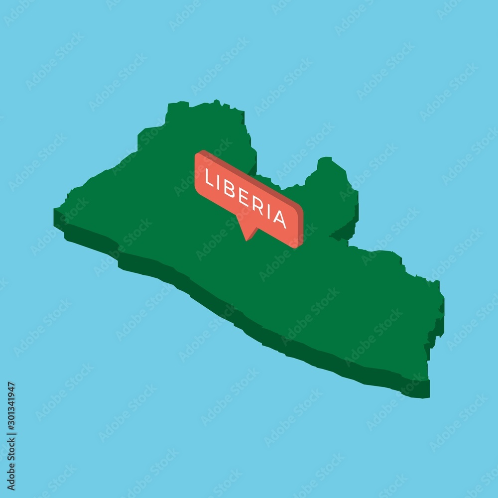 green isometric map of country liberia with pointer on blue background ...