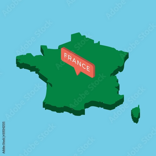 green isometric map of country france with pointer on blue background. realistic 3d vector concept map easy to edit and customize. eps 10