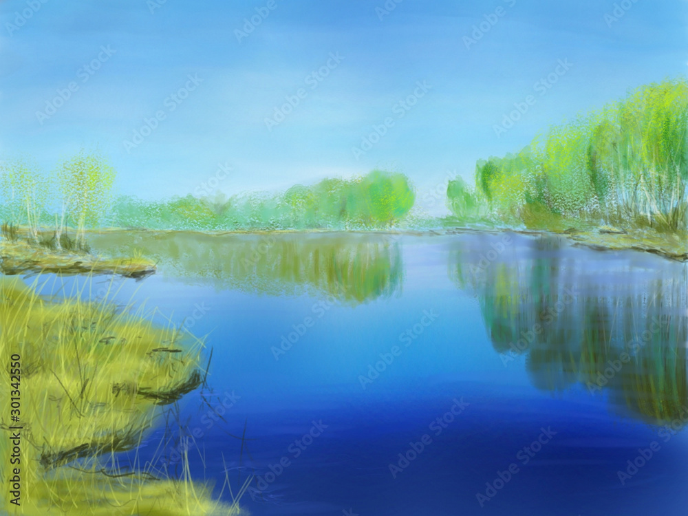 Hand drawn lake in deep forest