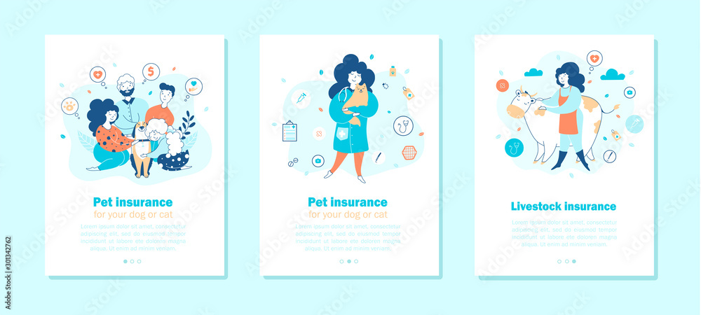 Pets and livestock insurance mobile app onboarding screen templates set