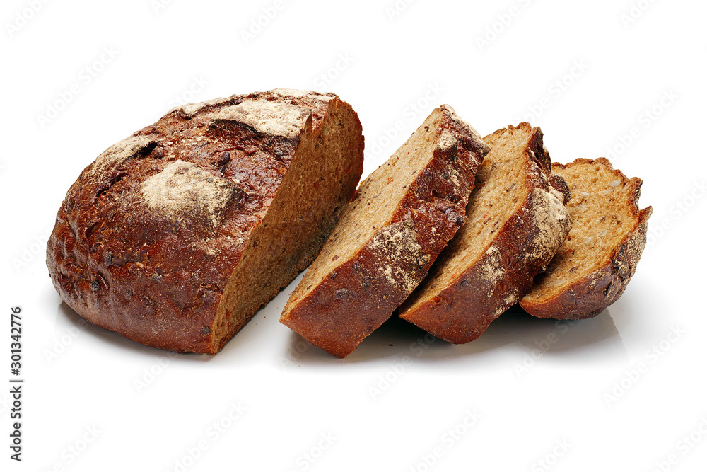 close-up of sliced homemade rye btead with seeds isolated on white background close-up of sliced homemade rye btead with seeds isolated on white background