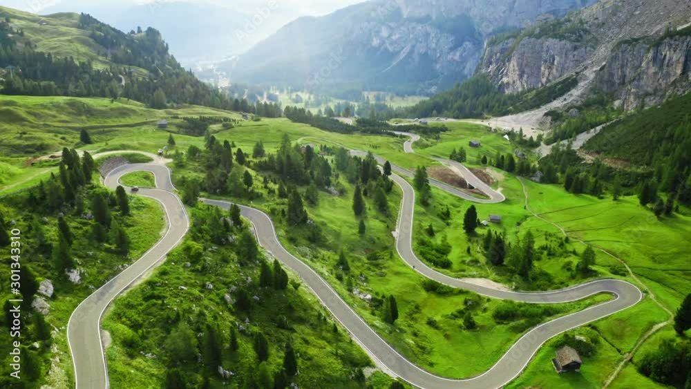Winding road at Passo Gardena, Dolomites, aerial view