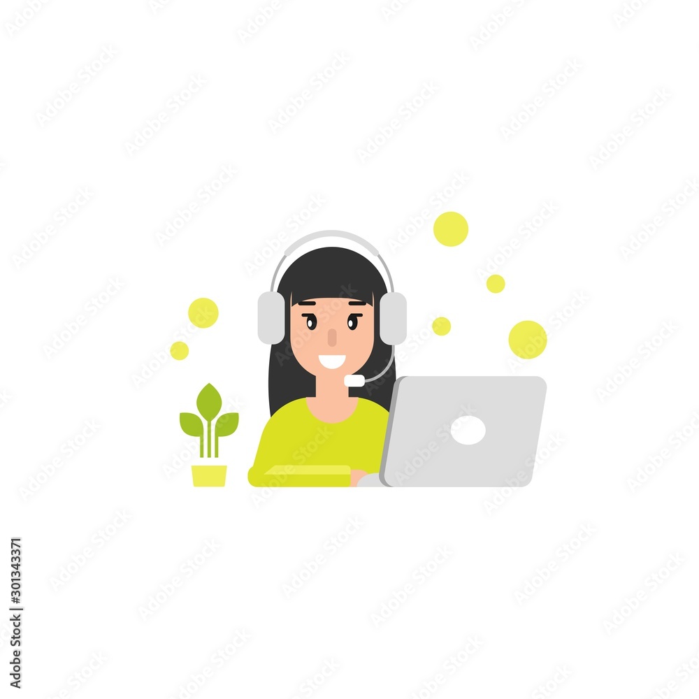 Happy operator girl with computer, headphones and microphone. flat vector illustration Happy operator girl with computer, headphones and microphone. flat vector illustration
