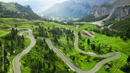 Winding road at Passo Gardena, Dolomites, aerial view