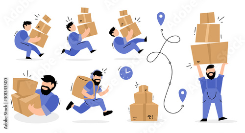 Vector set of creative illustration of delivery man in blue color uniform with box parcel in different poses on white background.