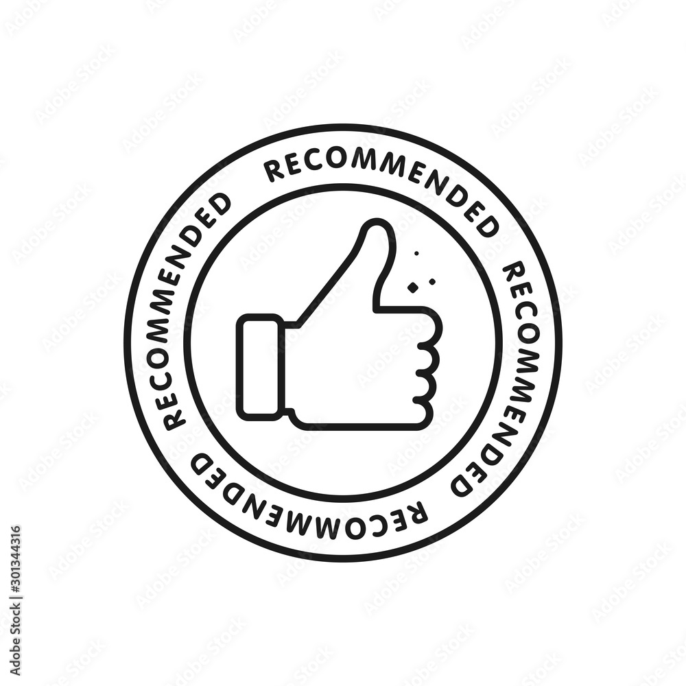 Recommended icon. Line label recommended with thumb up. Sign brand with recommended. Best tag for great brend. Banner thumb up on isolated background. Vector illustration Recommended icon. Line label recommended with thumb up. Sign brand with recommended. Best tag for great brend. Banner thumb up on isolated background. Vector illustration