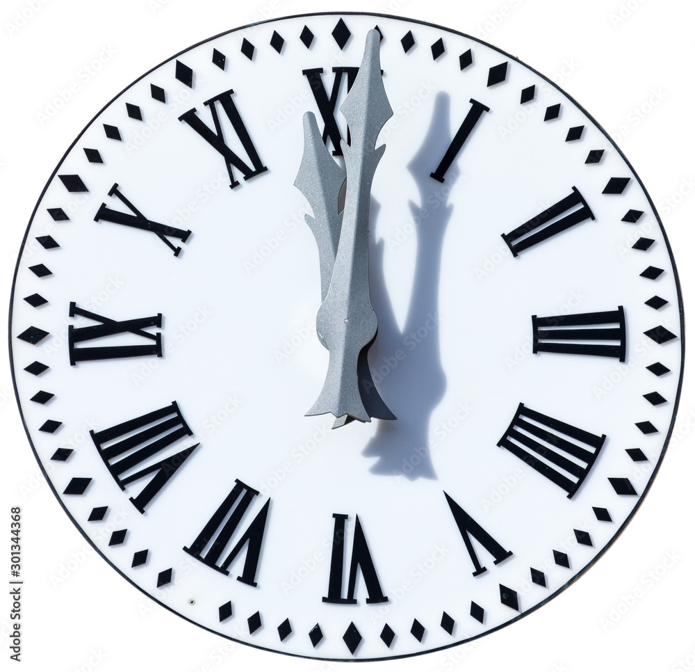 Clock shows 12 o'clock and 1 minute (00:01 h, 12:01 h, 24:01 h, twelve hours and one minute). New Year's Eve bells (New Year's Eve at Christmas and New Year). Foreground, Close up. White background Clock shows 12 o'clock and 1 minute (00:01 h, 12:01 h, 24:01 h, twelve hours and one minute). New Year's Eve bells (New Year's Eve at Christmas and New Year). Foreground, Close up. White background