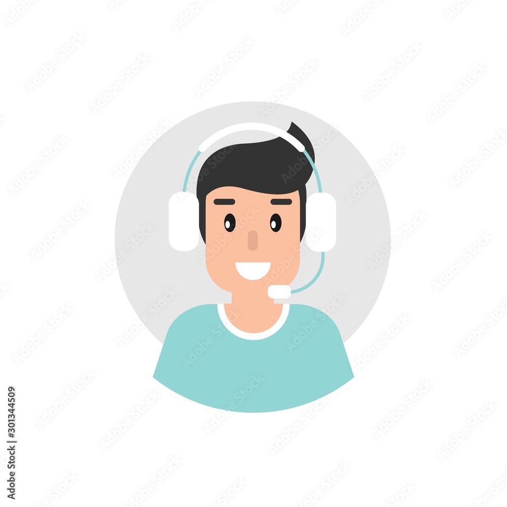 Operator with headphones and microphone in grey circle. Operator with headphones and microphone in grey circle.