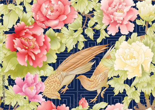 Peony tree with flowers with pheasants in the style of Chinese painting and Japanese embroidery Sashiko. Seamless pattern, background. Colored vector illustration. On black, dark blue background.