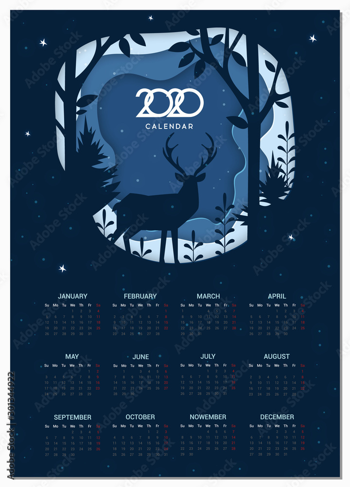 Fototapeta premium Calendar 2020 vector basic grid. Winter paper cut craft design. Vector illustration