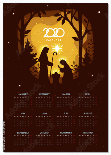 Calendar 2020 vector basic grid. Birth of Christ. Nativity scene with Holy Family. Paper art illustrations.