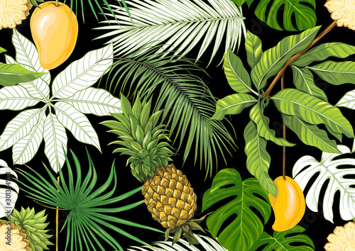 Tropical plants and flowers. Seamless pattern, background. Colored and outline design. Vector illustration isolated on black background