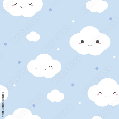 Seamless pattern of cute white clouds on pastel blue background.