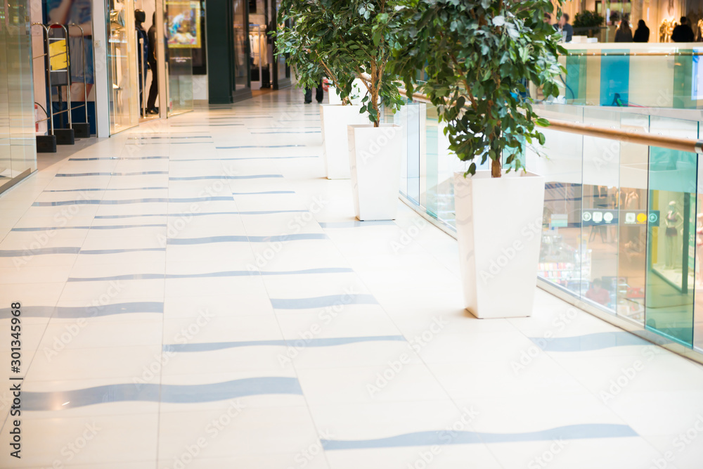Fototapeta premium Futuristic interior of modern mall with green plants