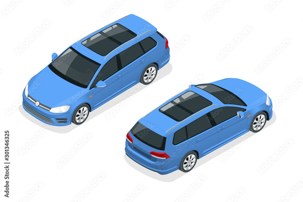 Isometric Car Blue Hatchback 5-door Icon. Car template on white background. Hatchback isolated. Isometric Car Blue Hatchback 5-door Icon. Car template on white background. Hatchback isolated.